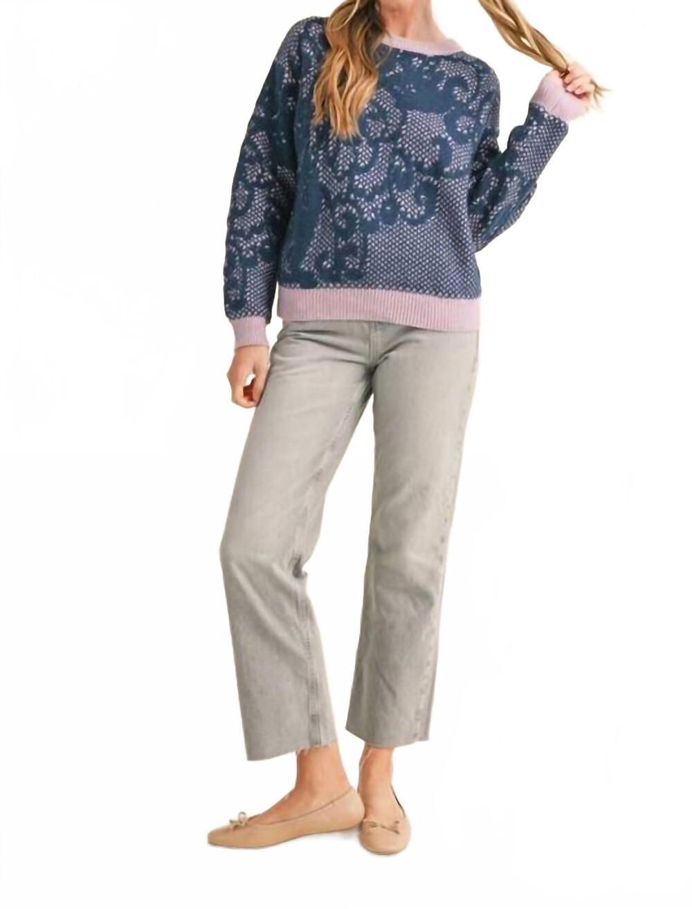 NEW &MERCI lace pattern knit sweater in navy lavender